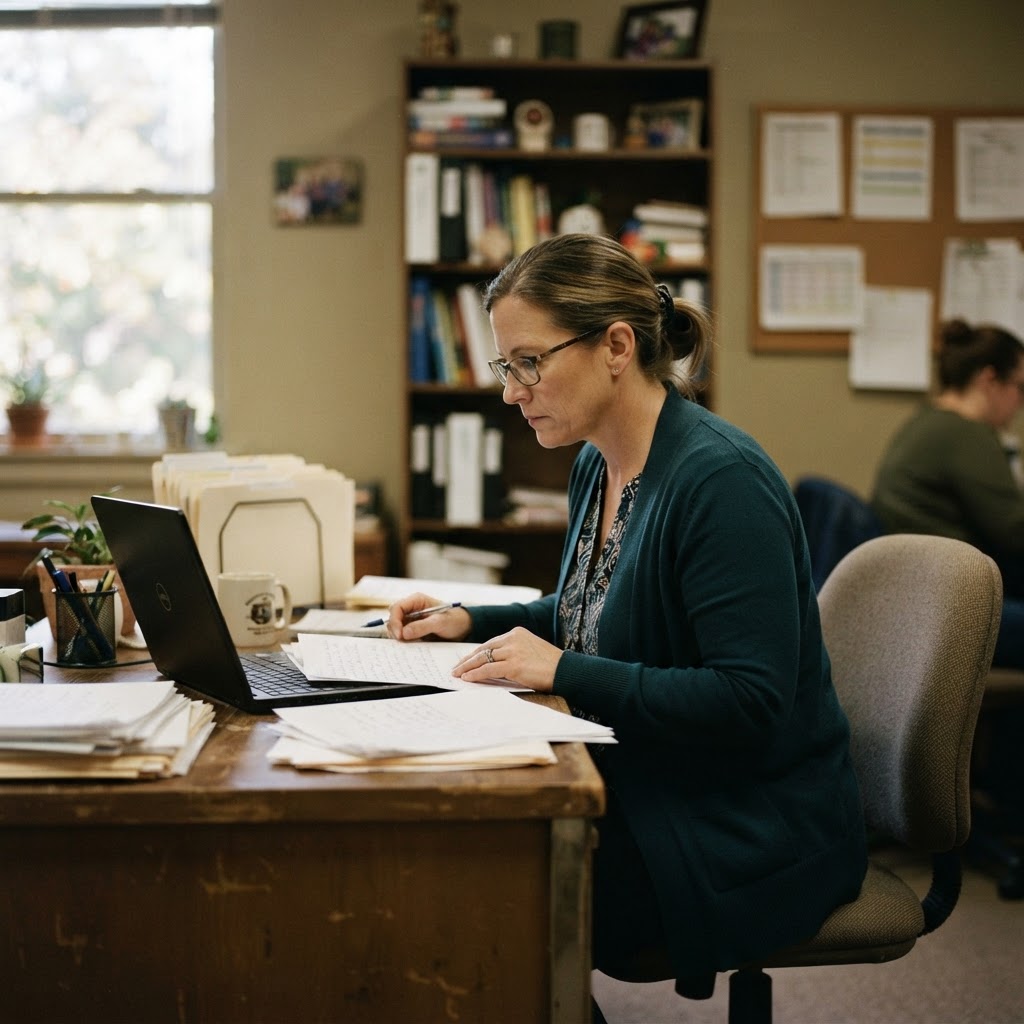An educator reviewing paperwork at a simple desk in a service environment.