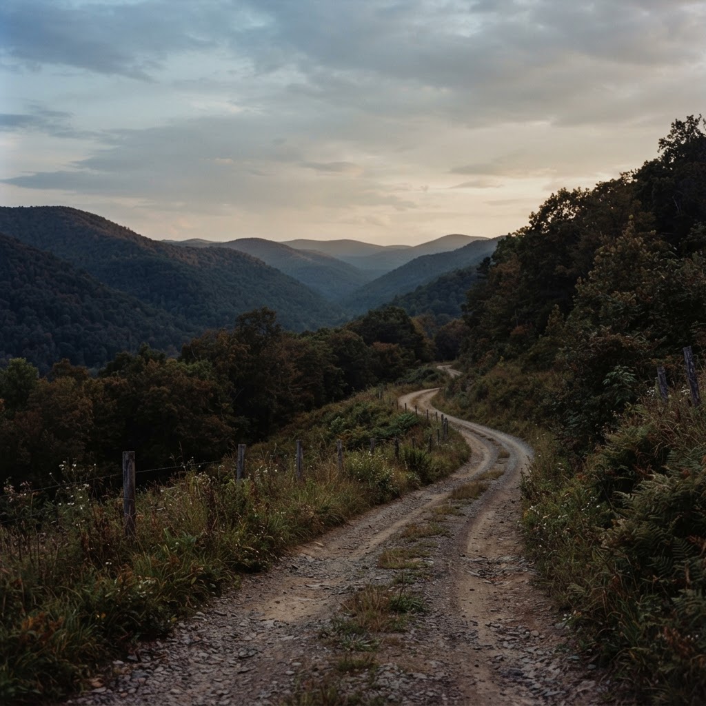 A quiet West Virginia rural pathway leading toward rolling Appalachian hills in soft early evening light.