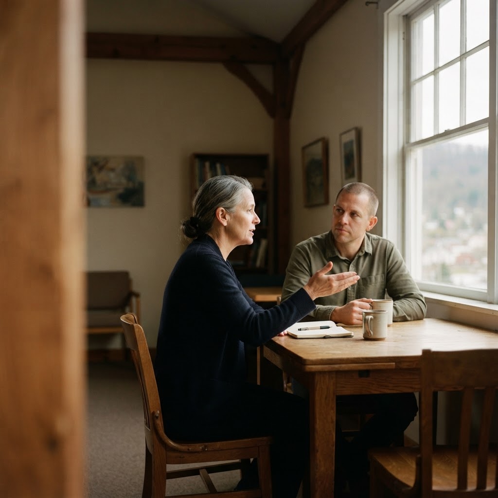 Two people in calm professional conversation in a quiet West Virginia community space, viewed from the side with generous negative space.