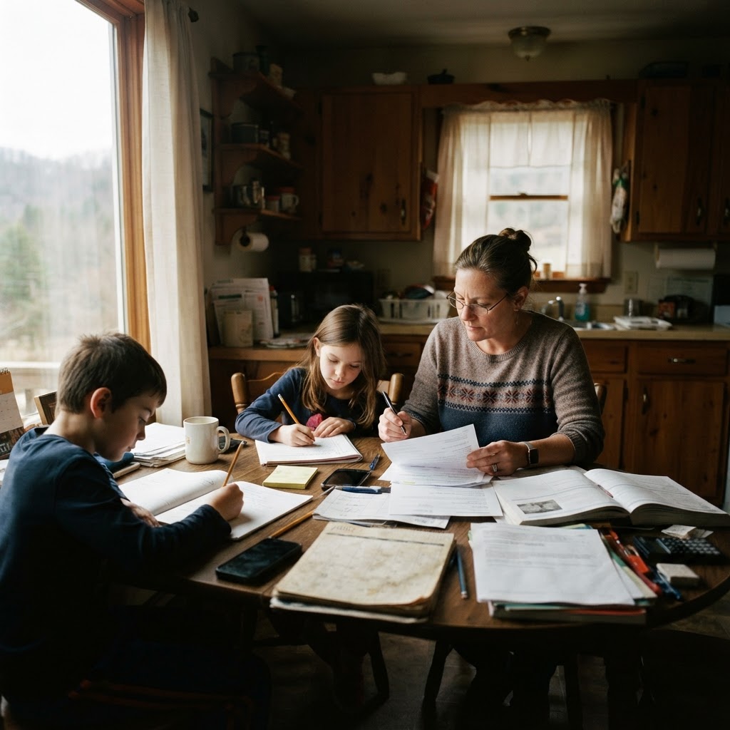 A West Virginia caregiver managing overlapping responsibilities at a kitchen table while children do homework nearby.