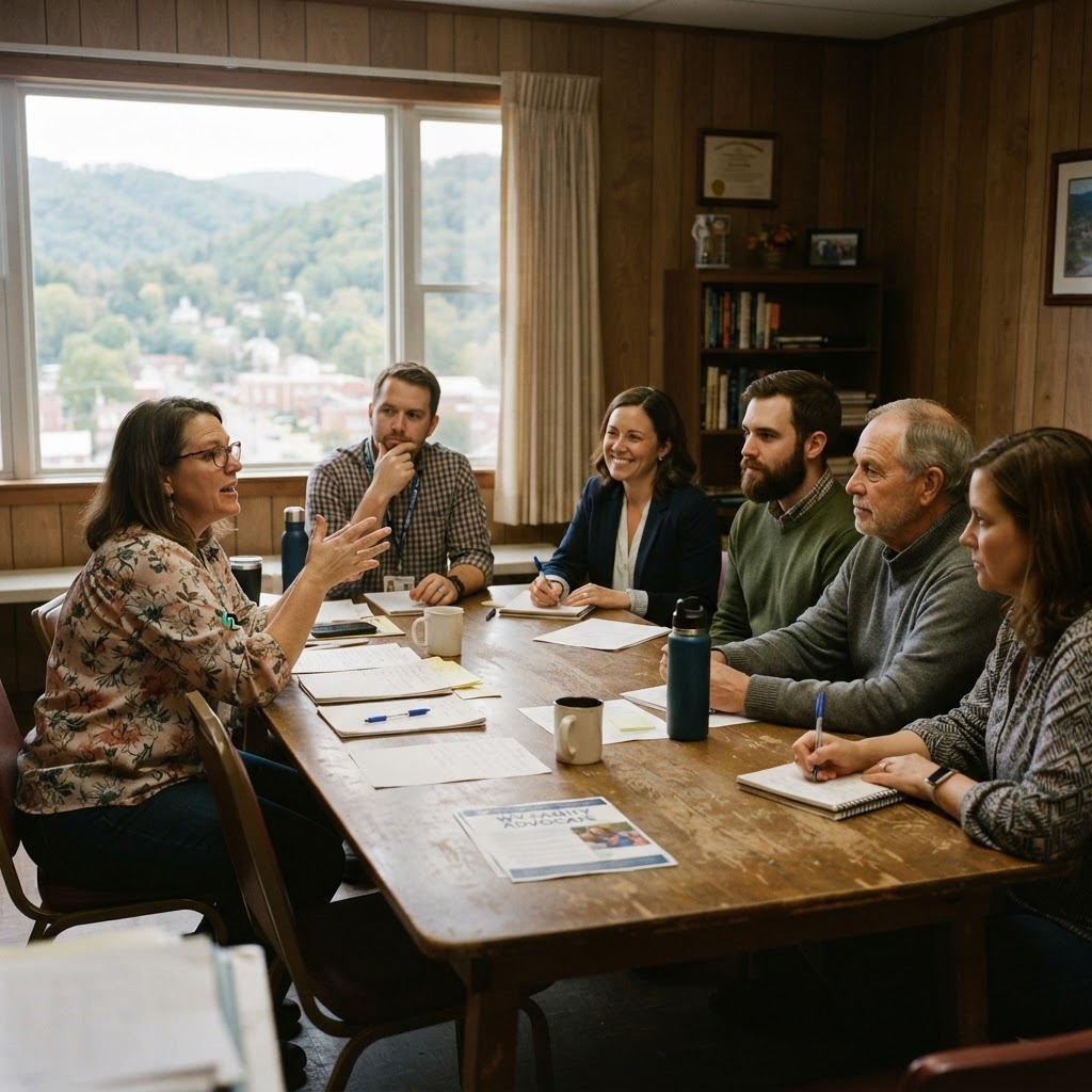 Community members and professionals gathered around a table discussing a coordinated plan in a West Virginia setting.