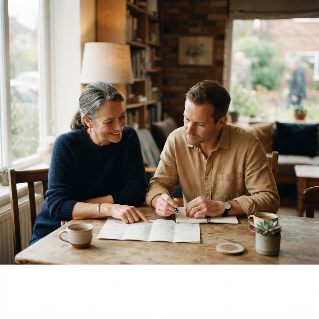 A caregiver and navigator calmly discussing a plan together at a modest table in soft natural light.