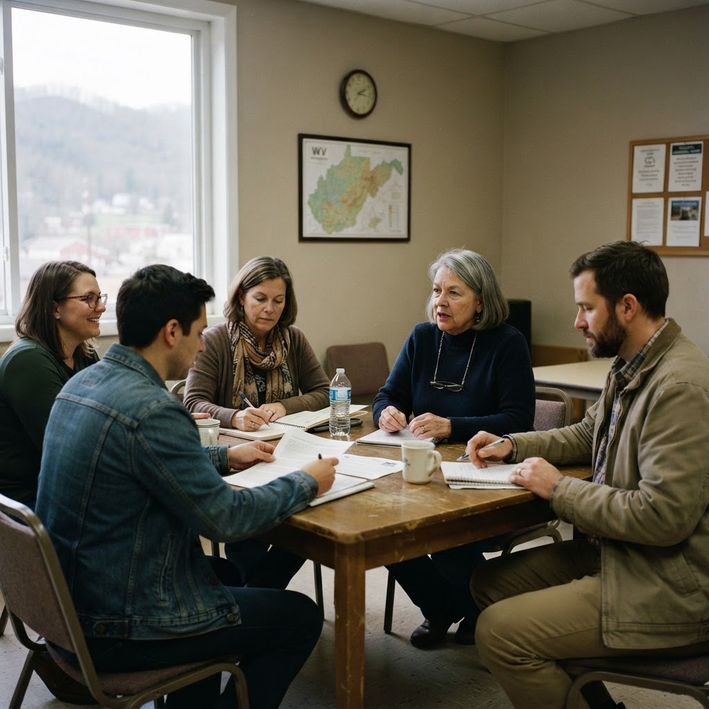 A restrained working discussion in a civic community setting.