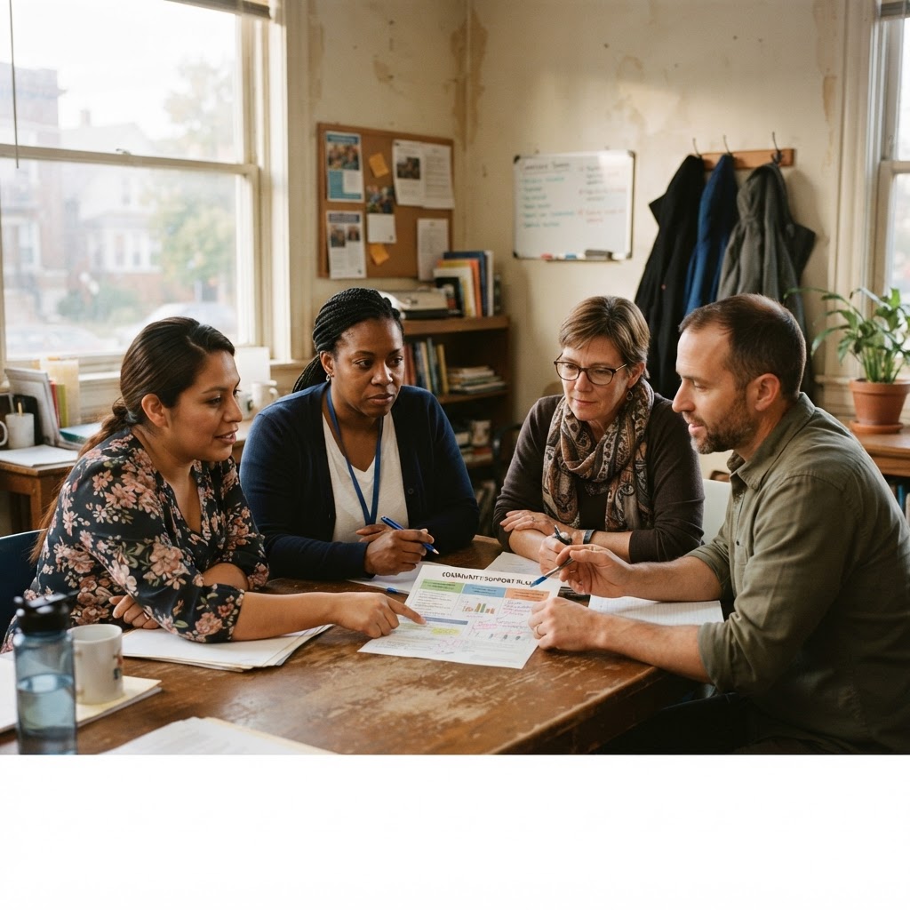 A family member, navigator, and professionals reviewing a shared plan together around a table.