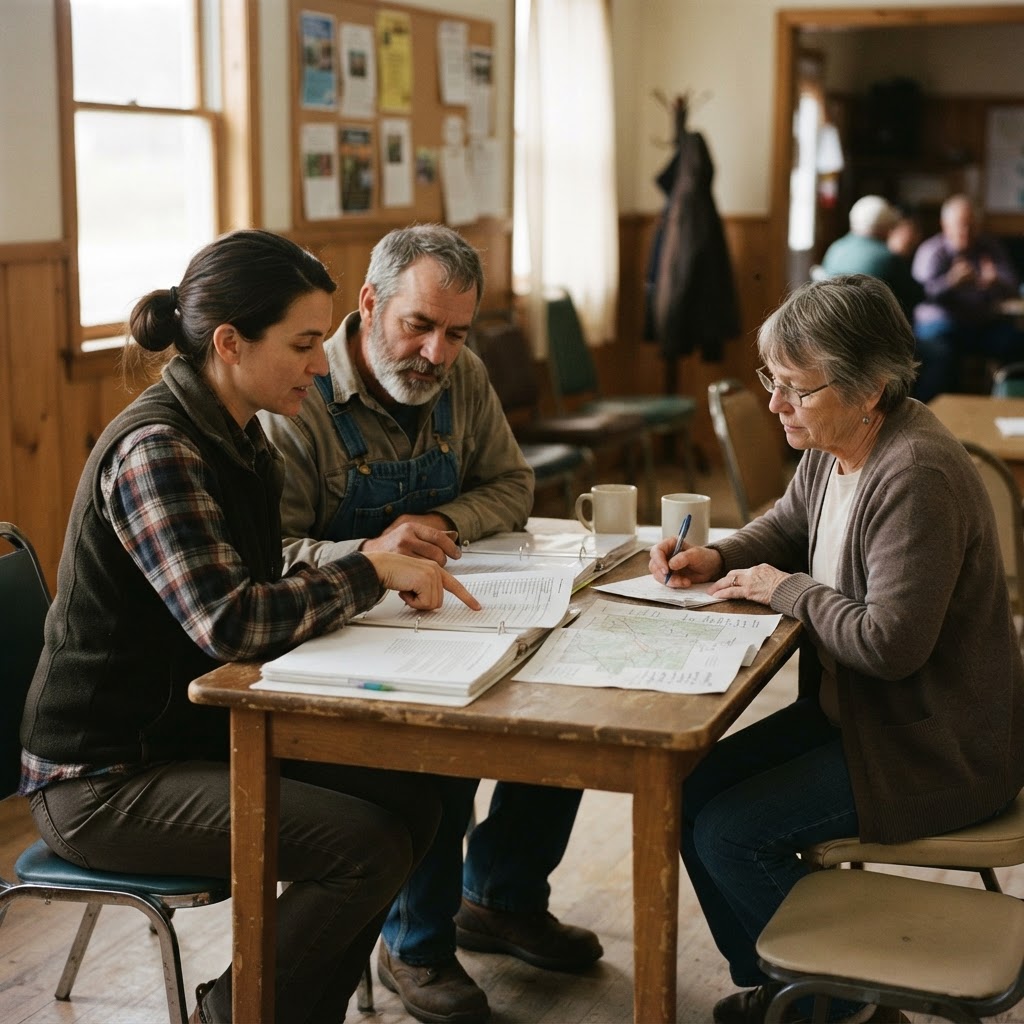 A small group coordinating and planning around a simple table.