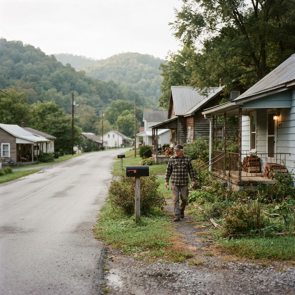 A modest rural West Virginia neighborhood on a quiet morning.