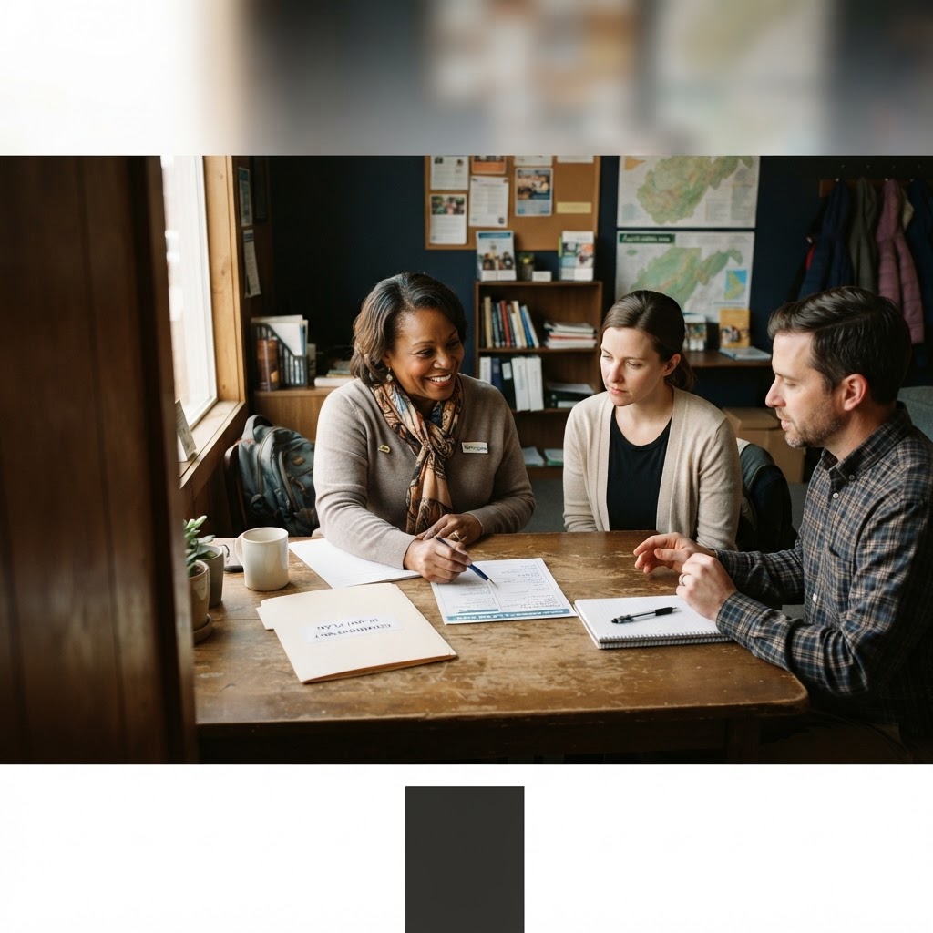 A navigator and authorized professional reviewing a structured plan with a caregiver at a modest table.