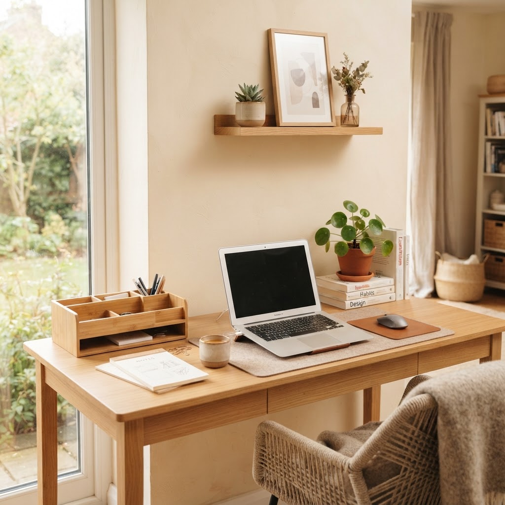Warm, organized modern home interior with desk organizers and lifestyle products