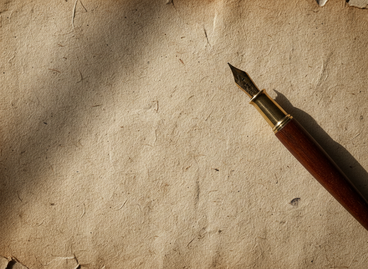 Aged handmade paper and fountain pen in soft natural light