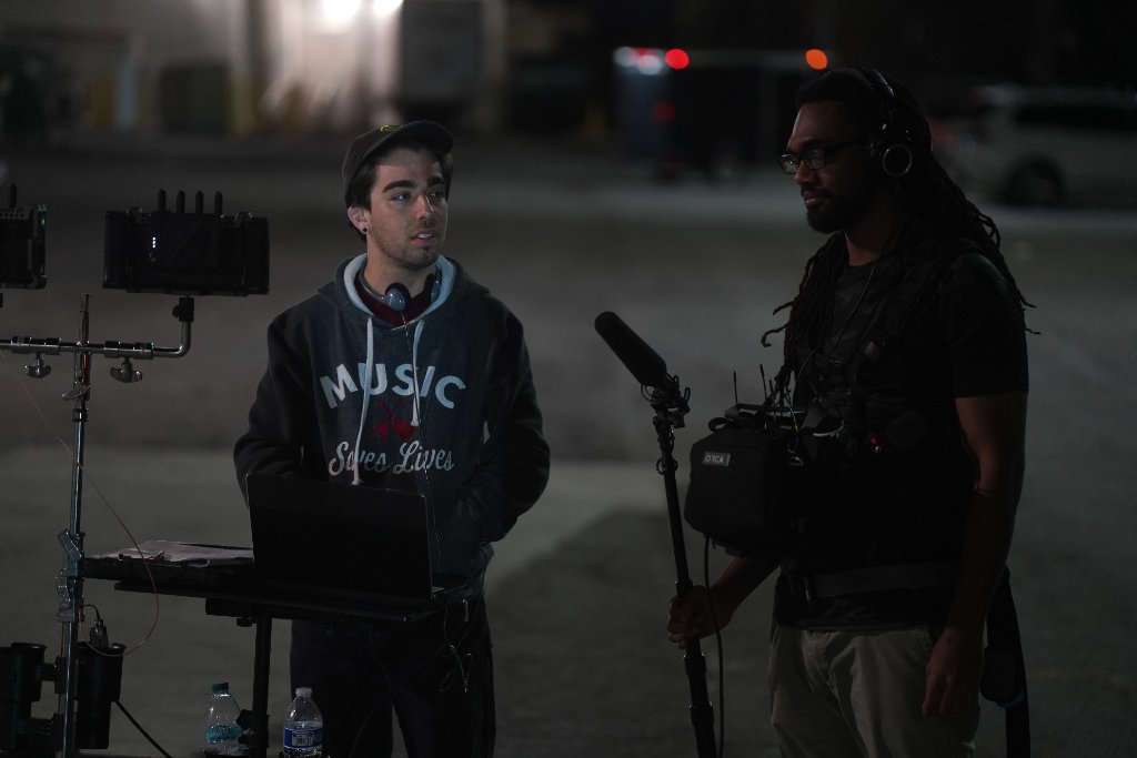 Sound crew and director at night