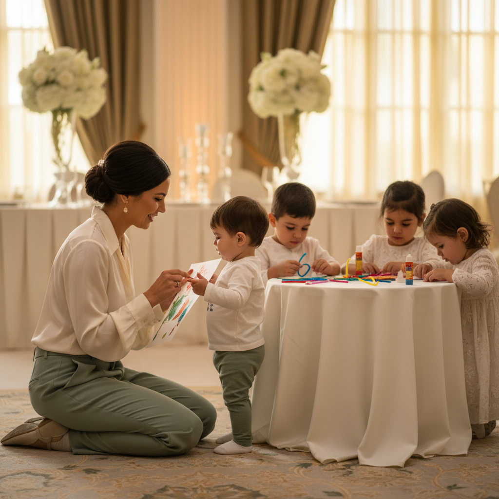 Professional caregiver engaging with children at a luxury wedding event