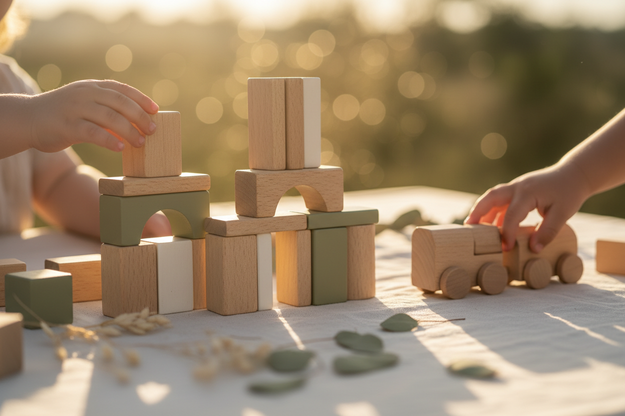 Children's hands playing with wooden blocks