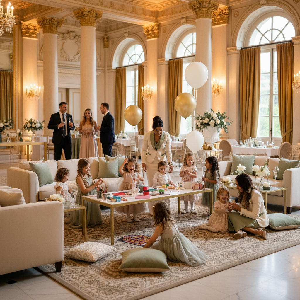 Professional caregivers supervising children at a sophisticated private event