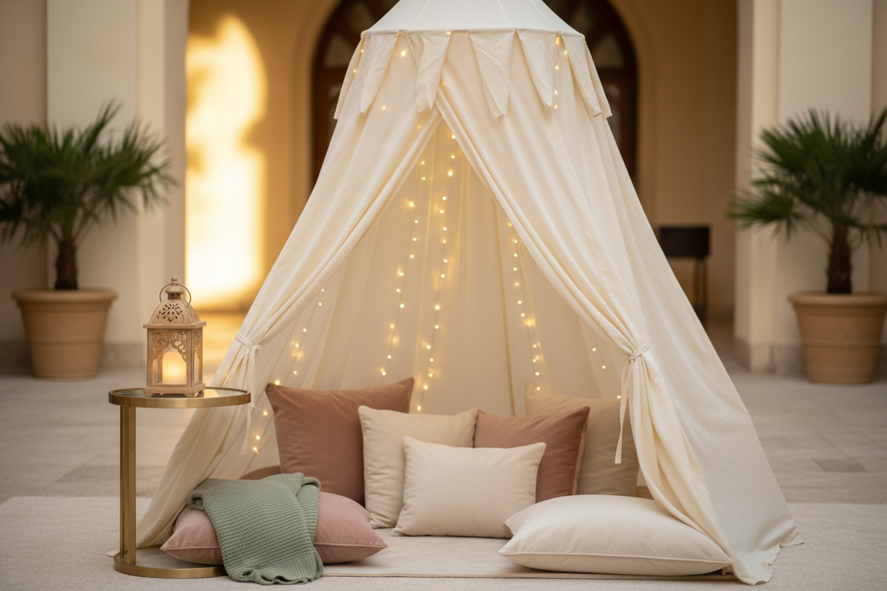 Elegant rest area with fairy lights and soft cushions