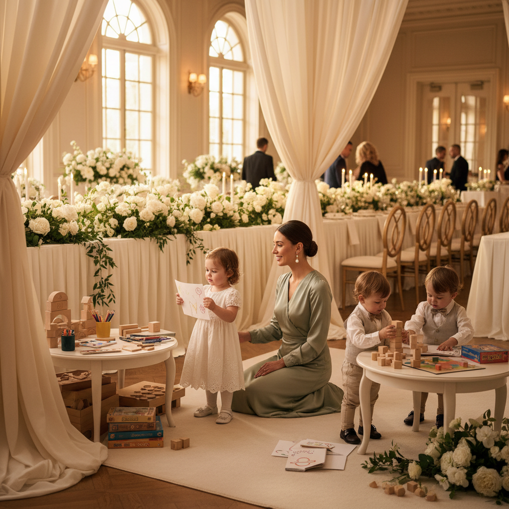 Professional caregiver engaging with children at an elegant wedding