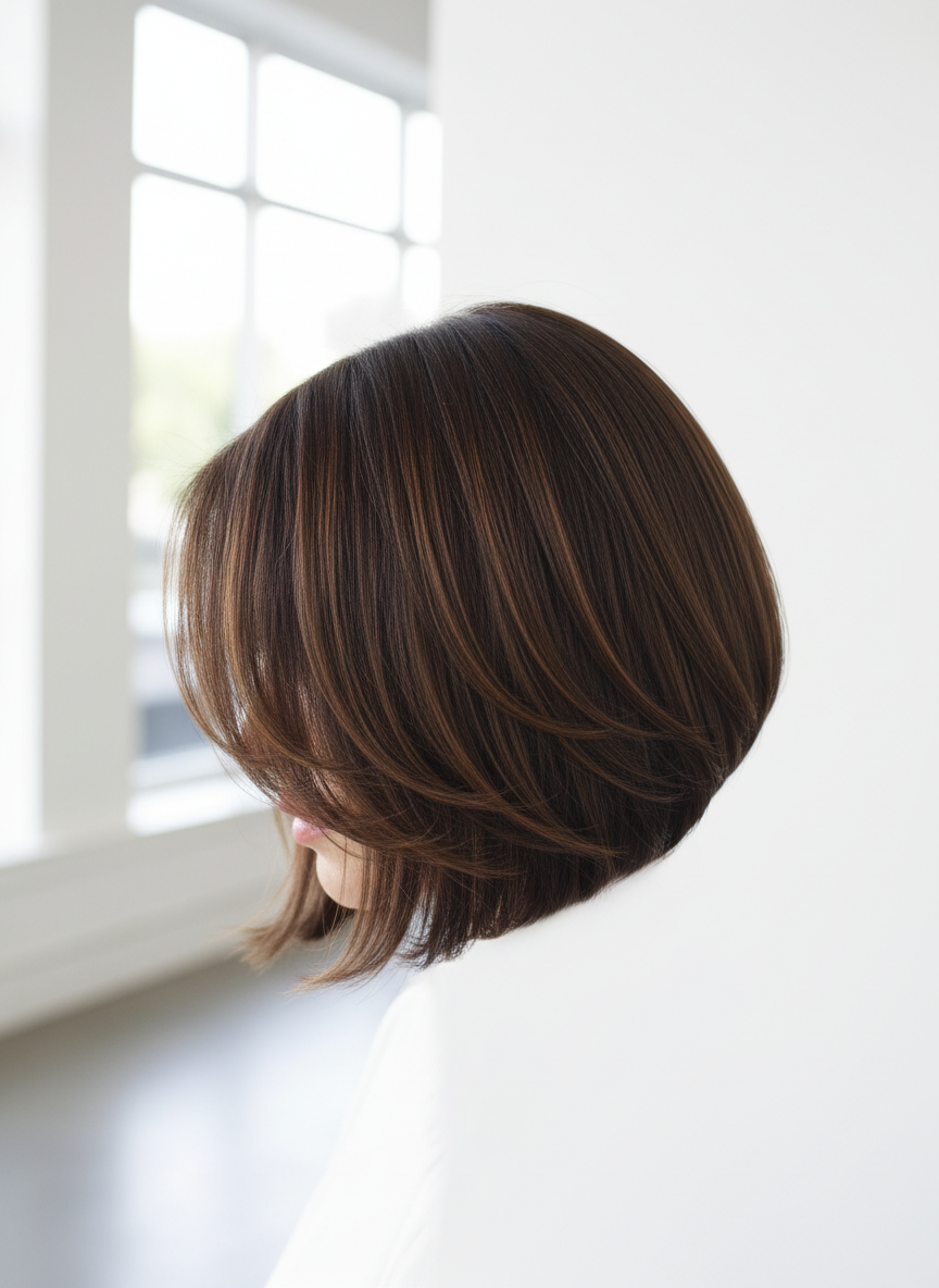 Expertly styled layered bob haircut