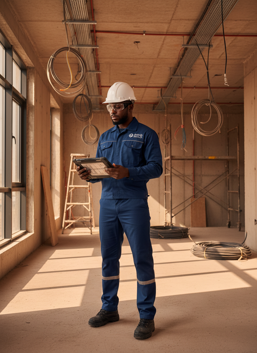 Professional technician reviewing plans
