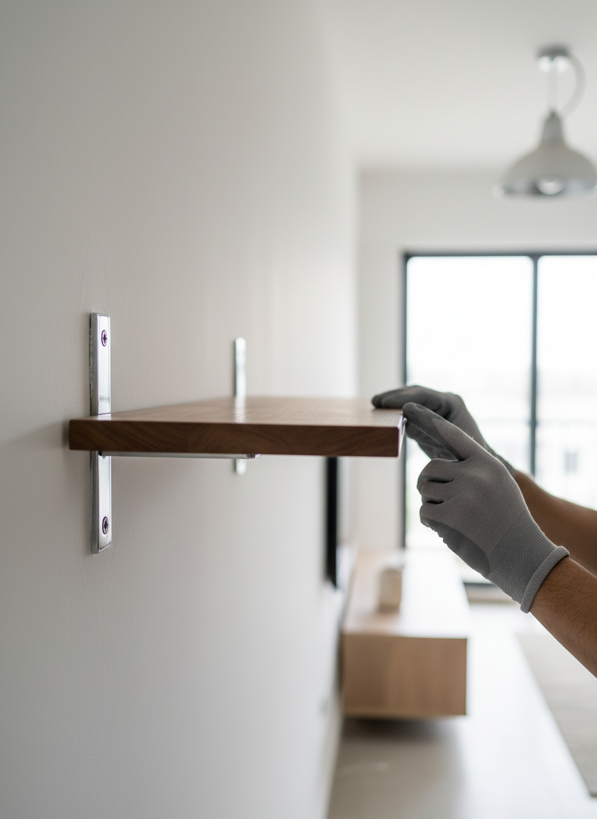 Skilled technician adjusting a perfectly leveled shelf with precision craftsmanship