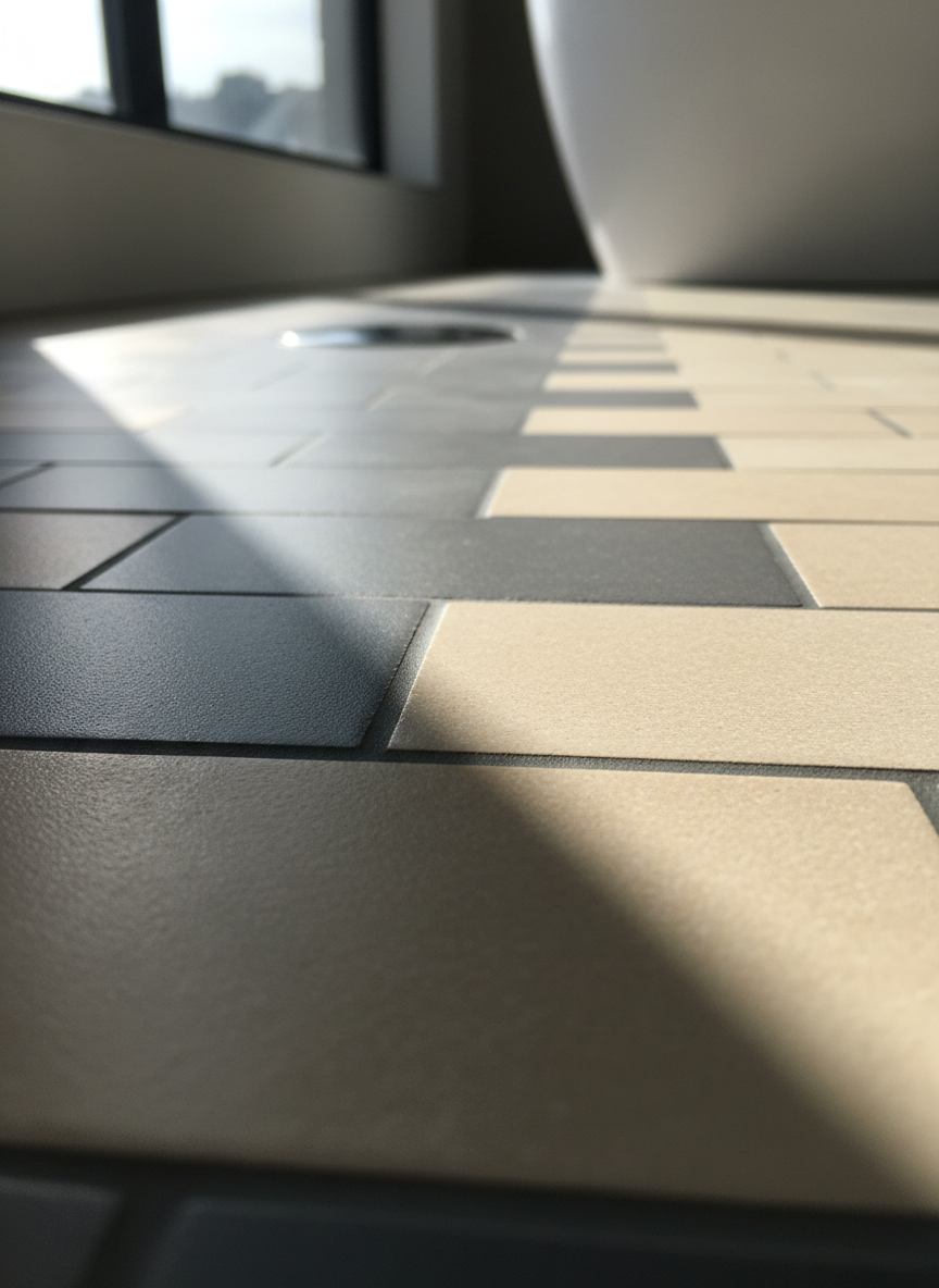 Close-up of perfectly aligned ceramic tiling showing expert grouting work