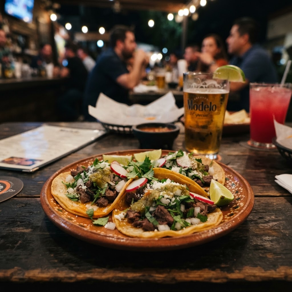 AI-generated taco illustration; not a photo of the venue or its actual meal