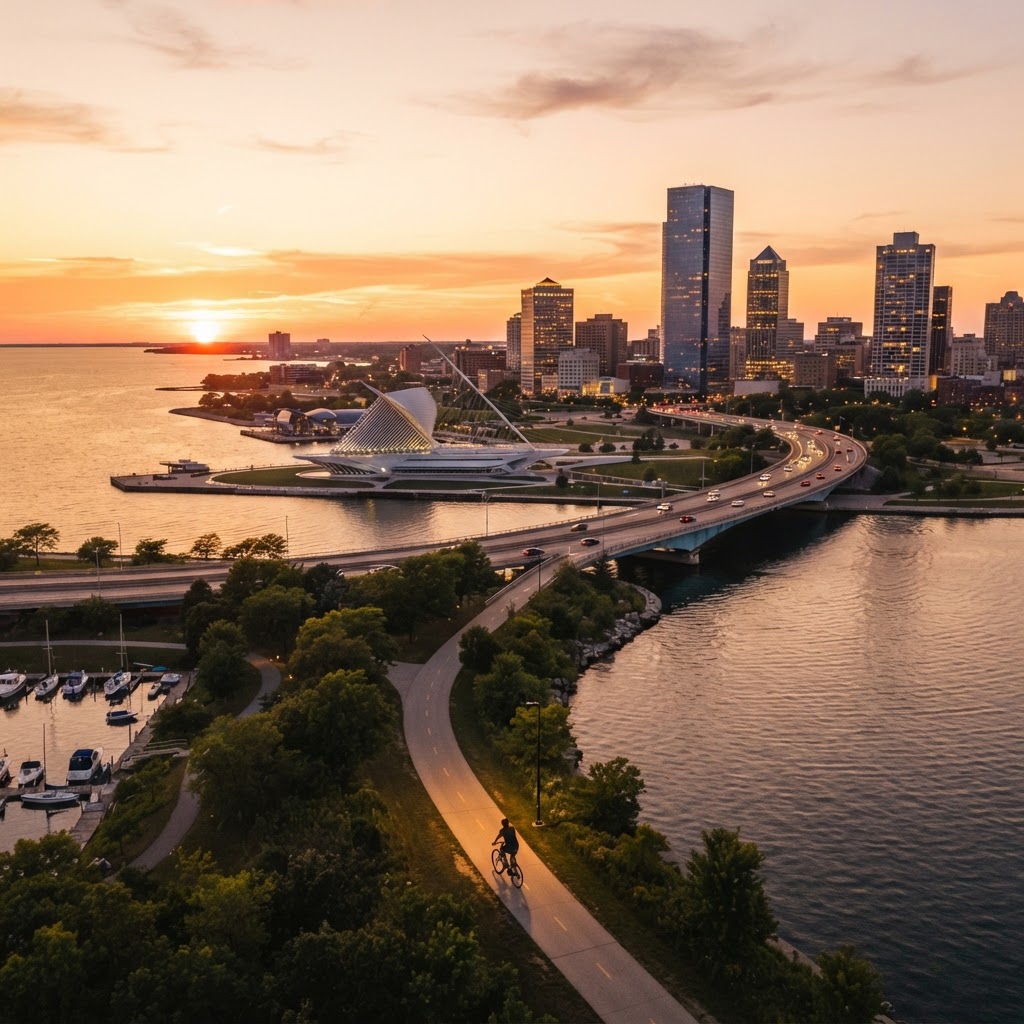 Milwaukee lakefront — Hoan Bridge, Art Museum, and downtown skyline at golden hour