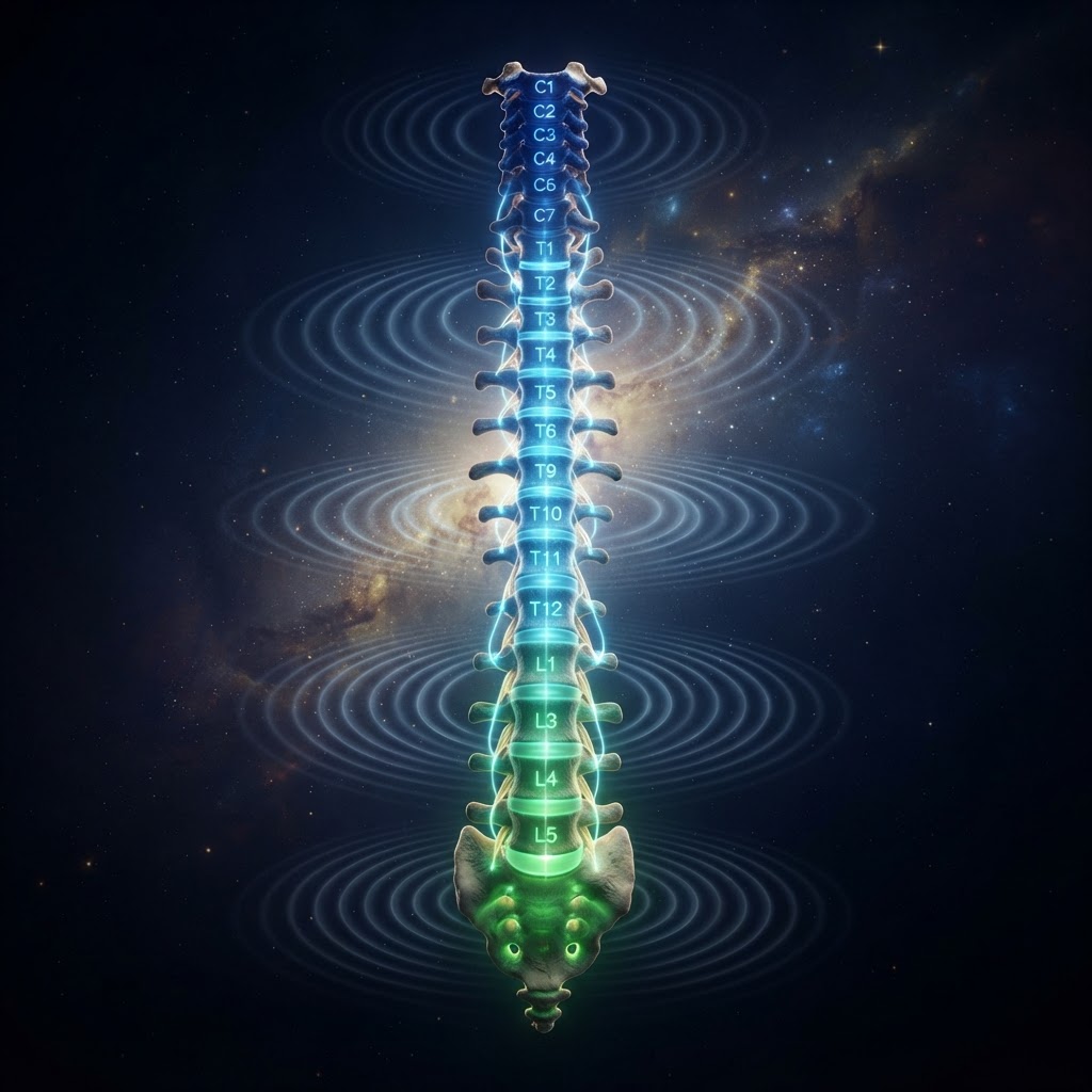 Hyperrealistic glowing spine with frequency waves