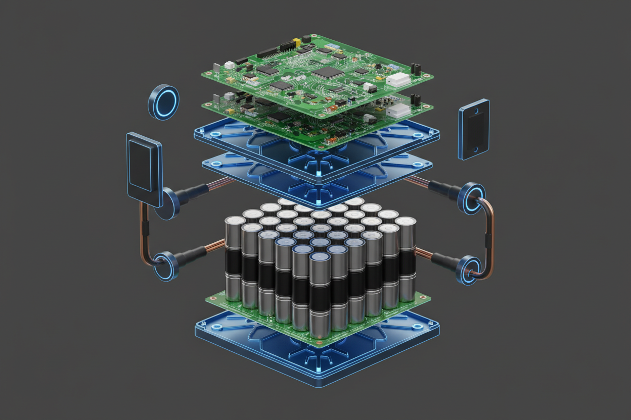 3D exploded view of lithium-ion battery storage system