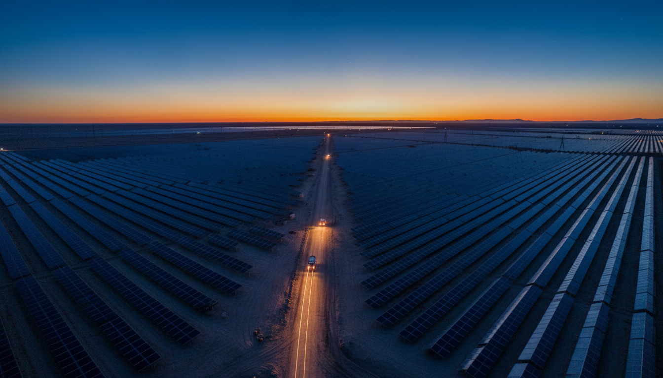 Utility-scale solar array at twilight