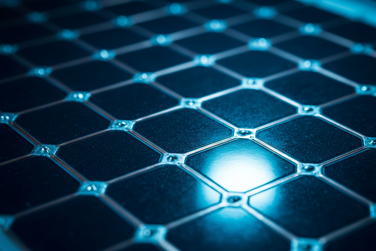 Solar panel cells and wiring connections with blue reflections