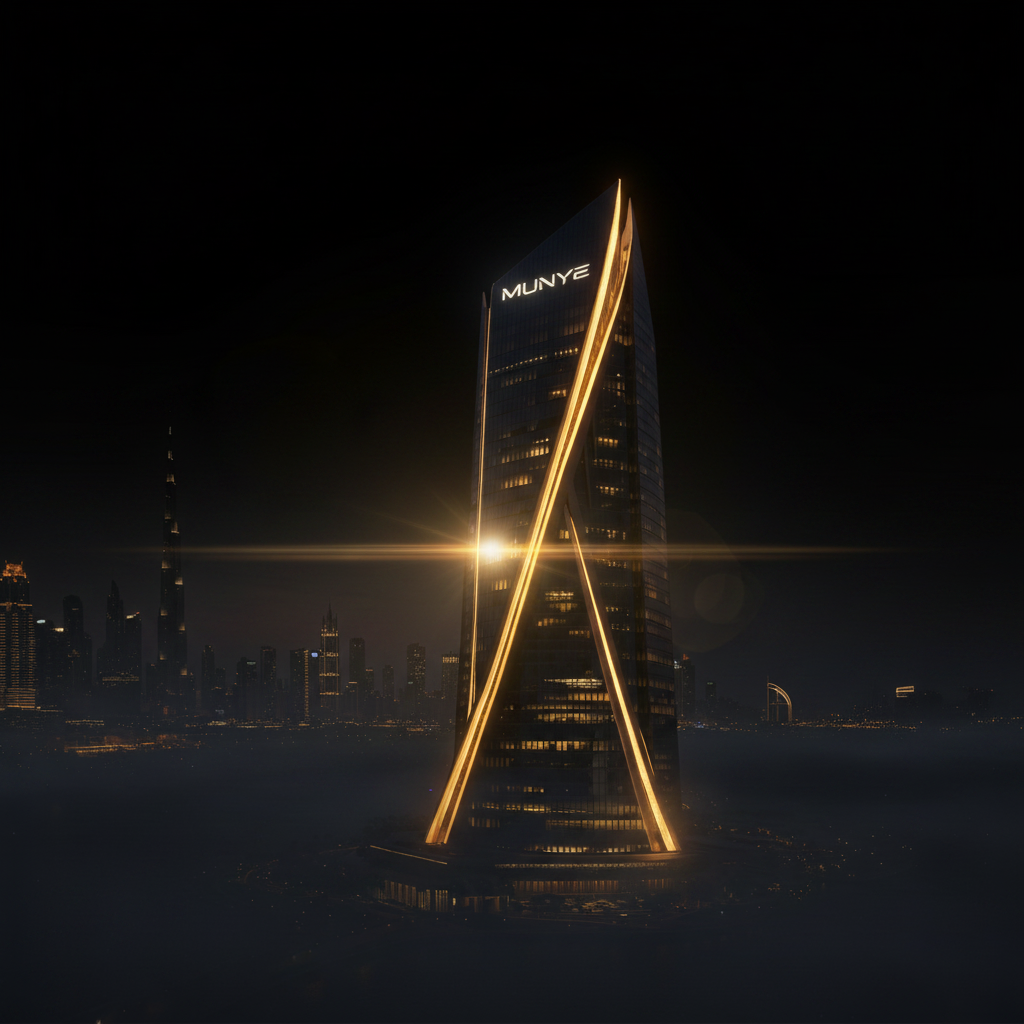 MUNYE headquarters tower at twilight
