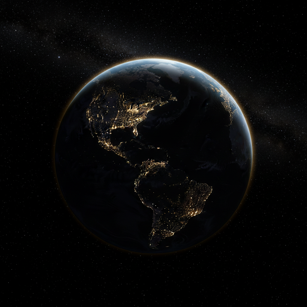 Earth from space at night with glowing city lights