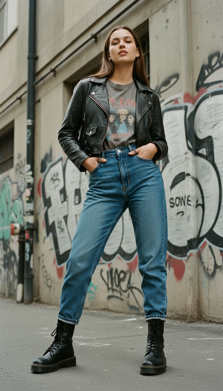 Woman wearing cropped leather biker jacket over band tee with blue mom jeans and combat boots