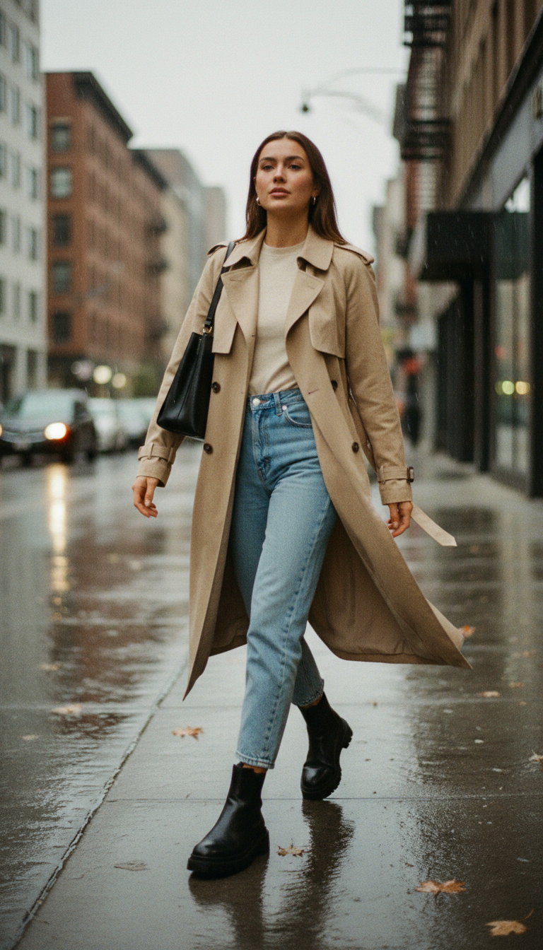 Woman wearing beige trench coat with light blue mom jeans and black Chelsea boots on rainy street