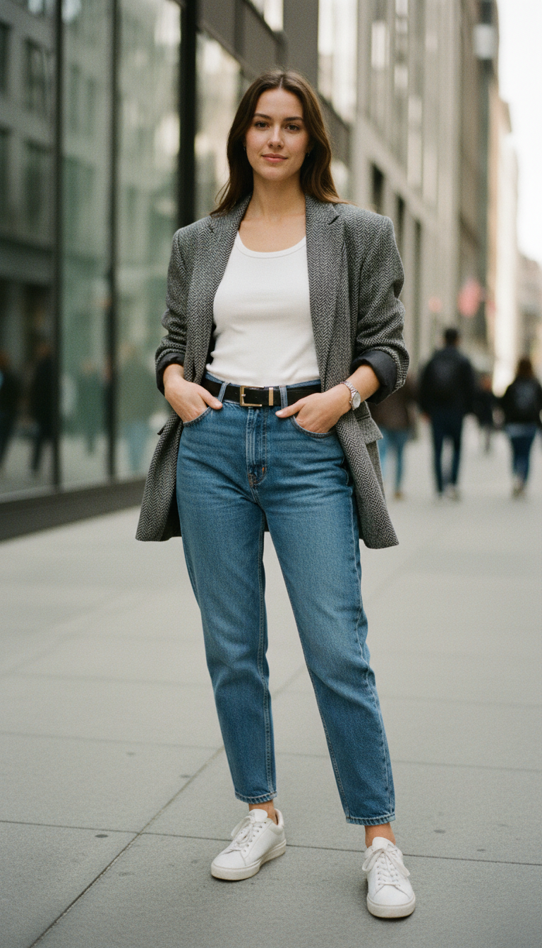 Woman wearing grey herringbone blazer over white tank with blue mom jeans and white sneakers