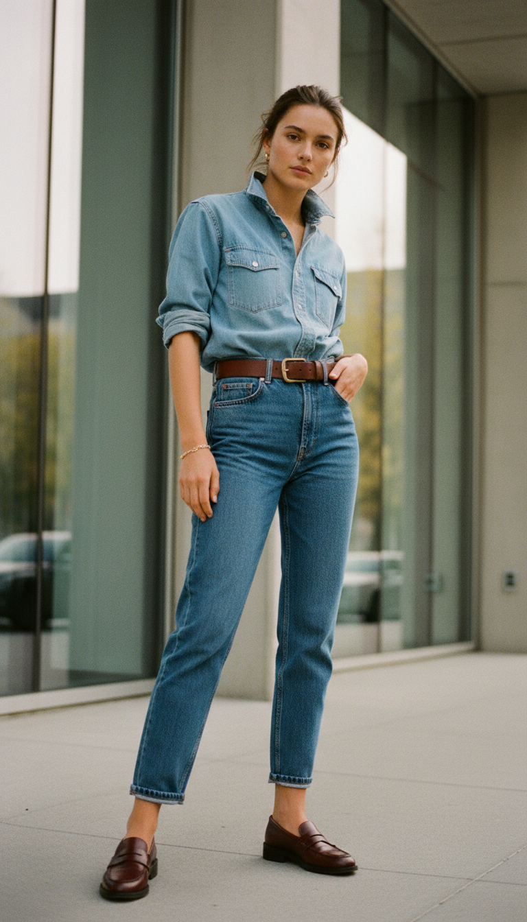 Woman wearing chambray denim shirt tucked into medium-wash blue mom jeans with burgundy loafers