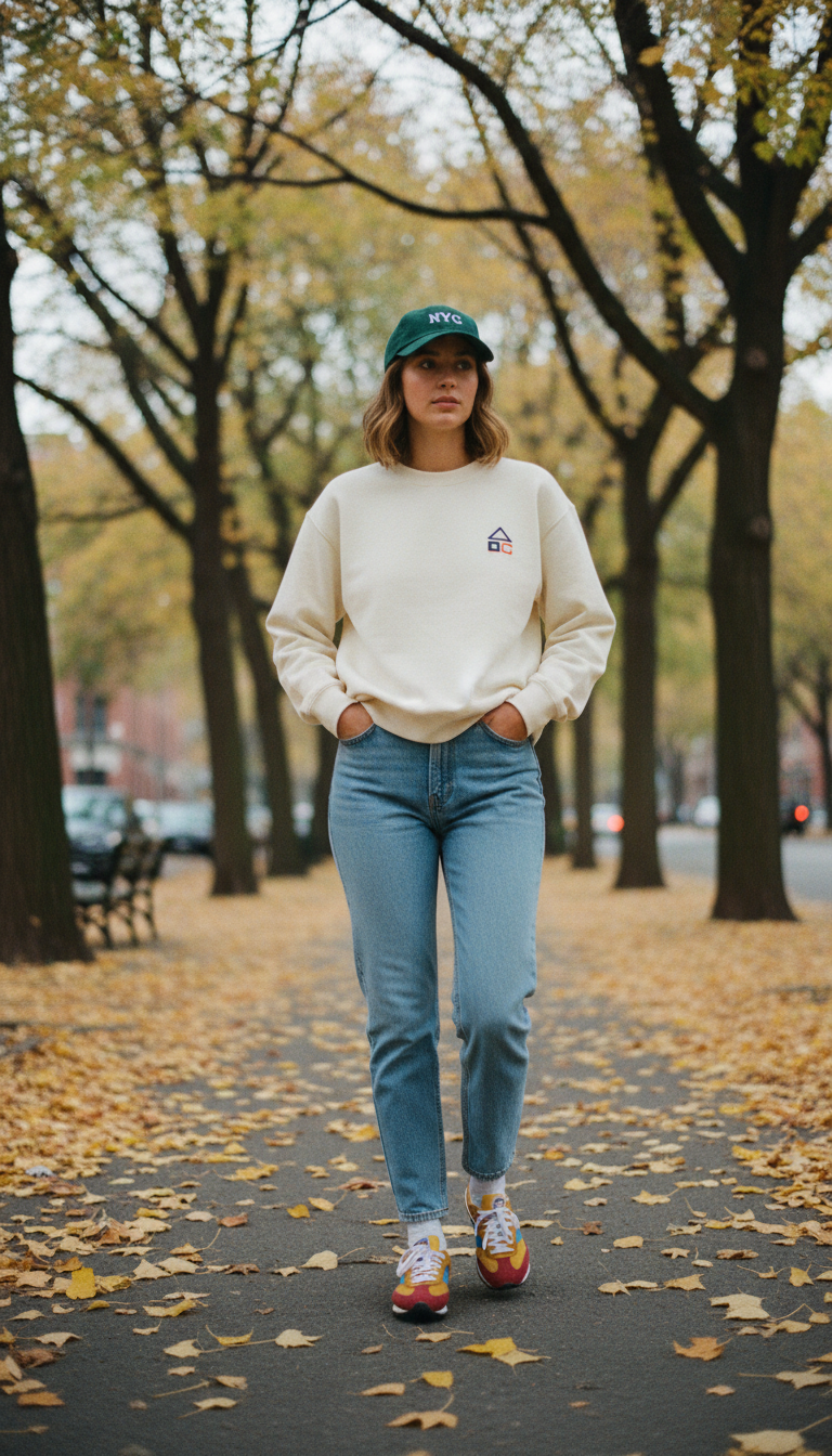 Woman wearing graphic sweatshirt French-tucked into blue mom jeans with retro sneakers and baseball cap
