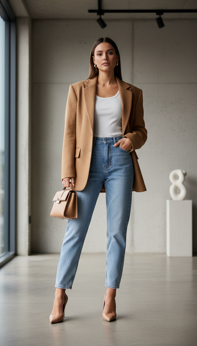 Camel Blazer & Mom Jeans Power Move