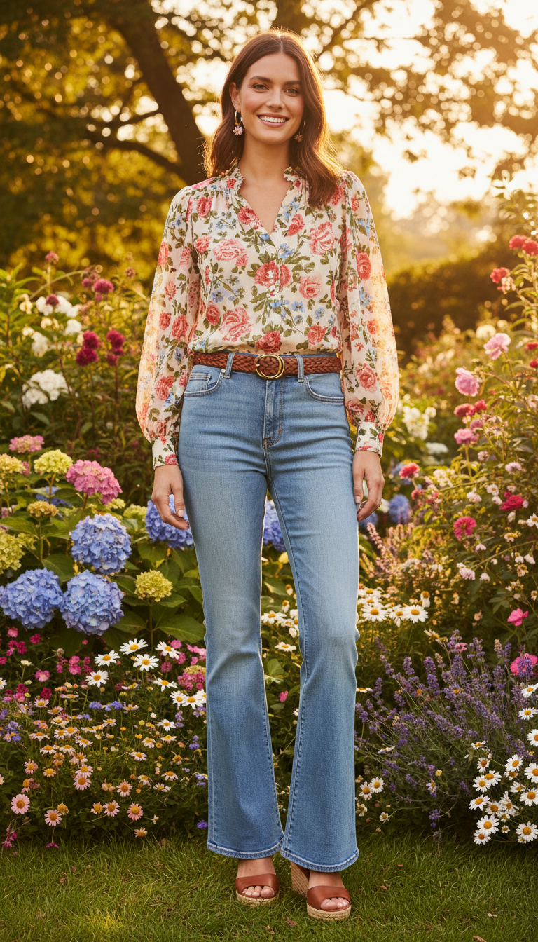 Floral Blouse & High-Waisted Flares
