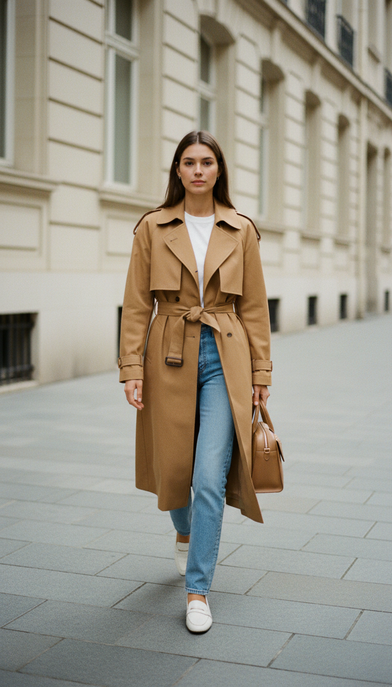 The Trench Coat Minimalist — cute outfit with light blue jeans