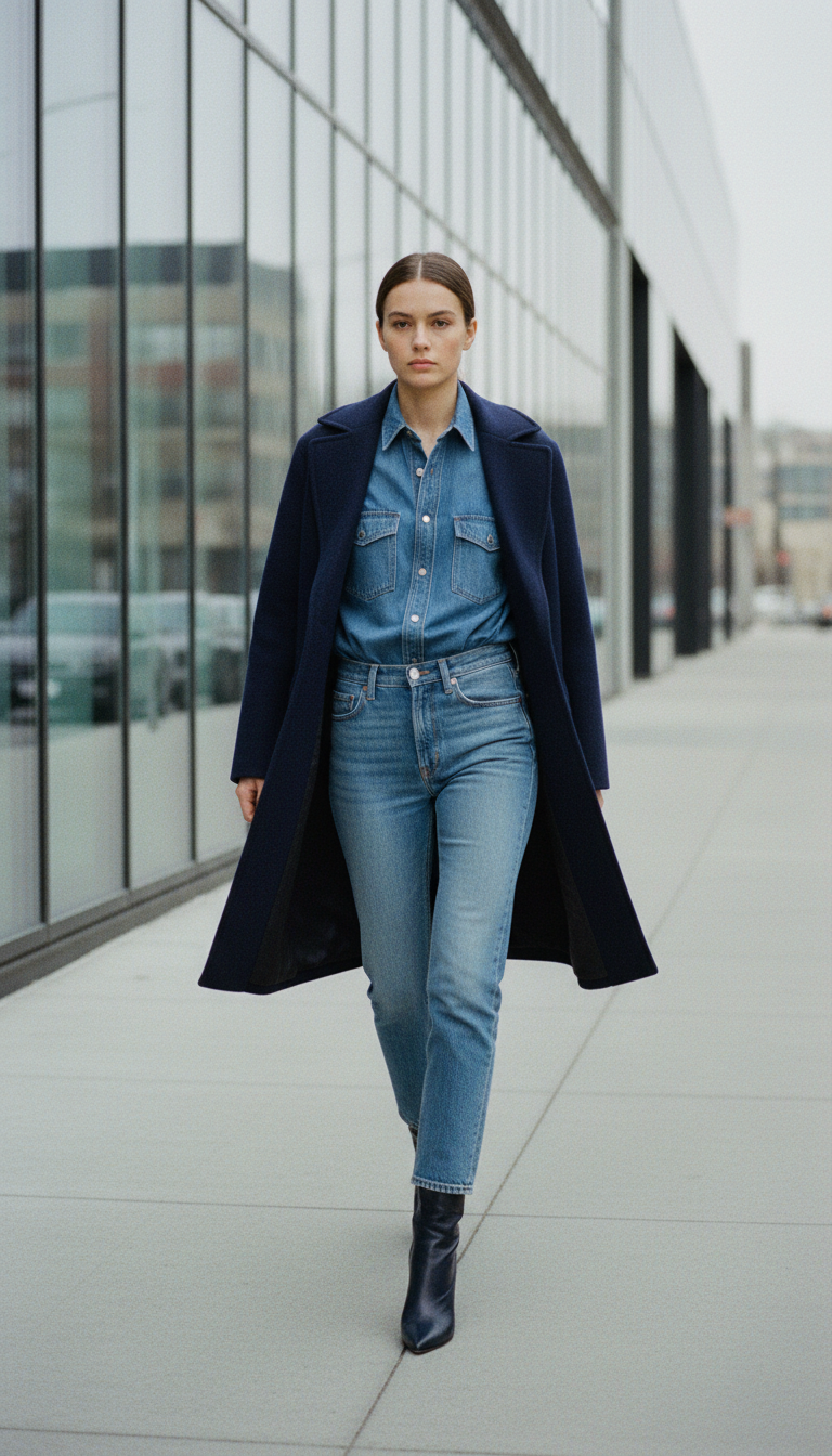 The Monochrome Blue Layering — cute outfit with light blue jeans