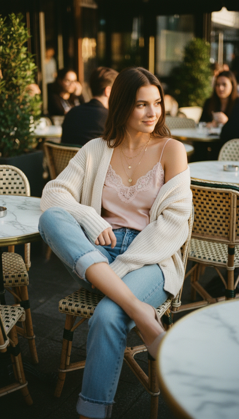 The Soft Cardigan & Camisole — cute outfit with light blue jeans