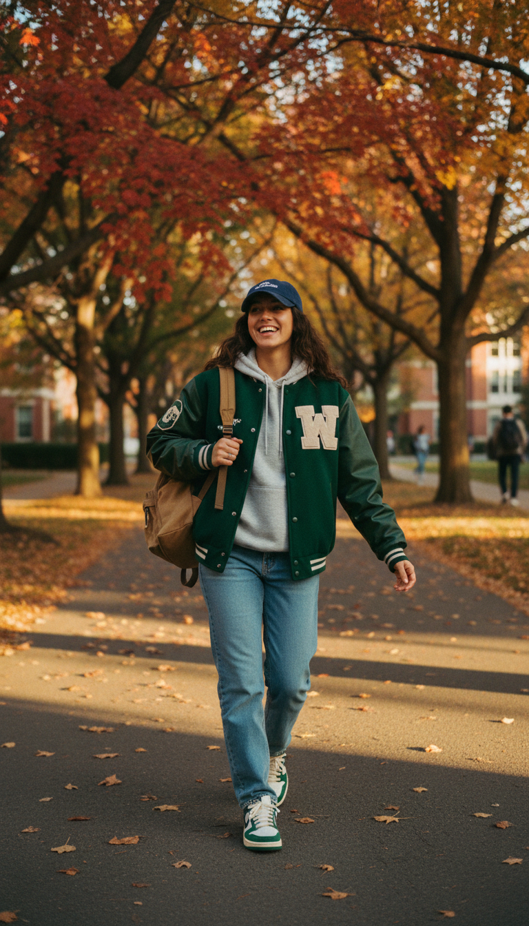 The Sporty Varsity Aesthetic — cute outfit with light blue jeans