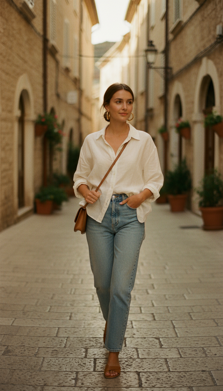 The Crisp White Linen Symphony — cute outfit with light blue jeans