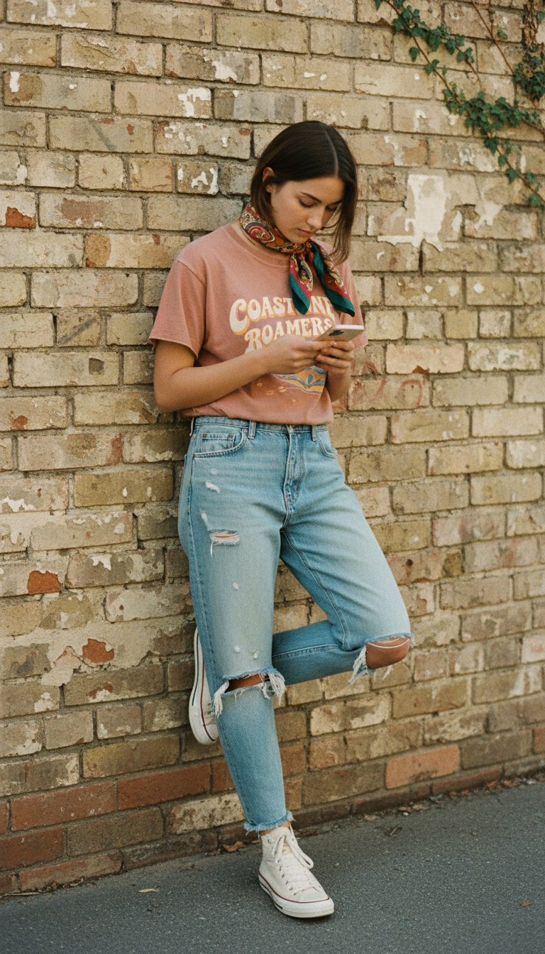The Graphic Tee & Silk Scarf — cute outfit with light blue jeans