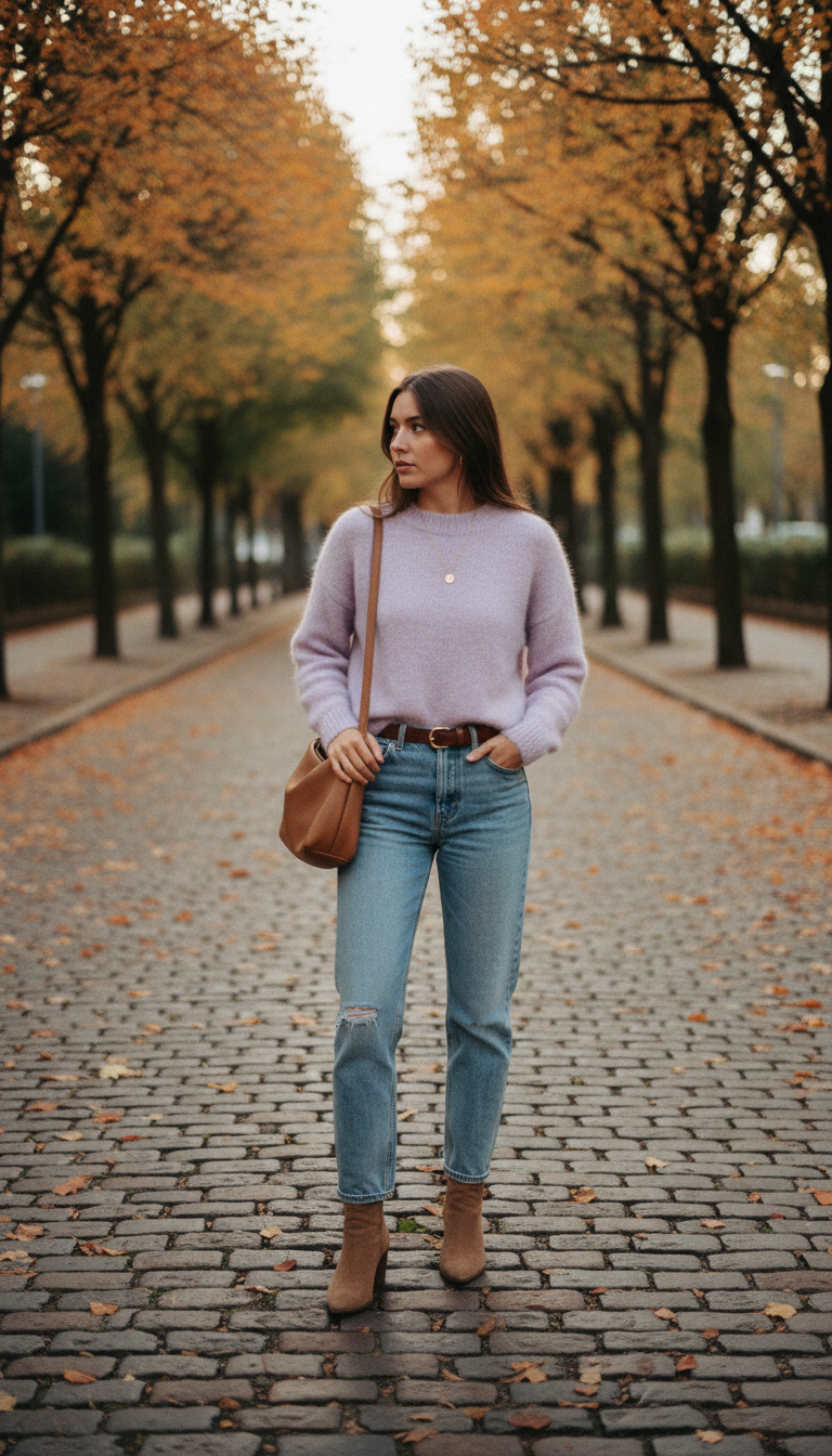 The Pastel Knit Embrace — cute outfit with light blue jeans