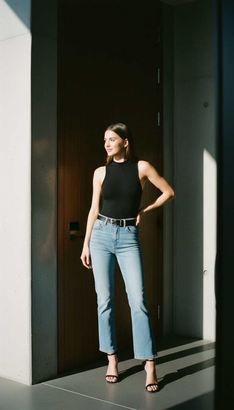 The Black Bodysuit Contrast — cute outfit with light blue jeans