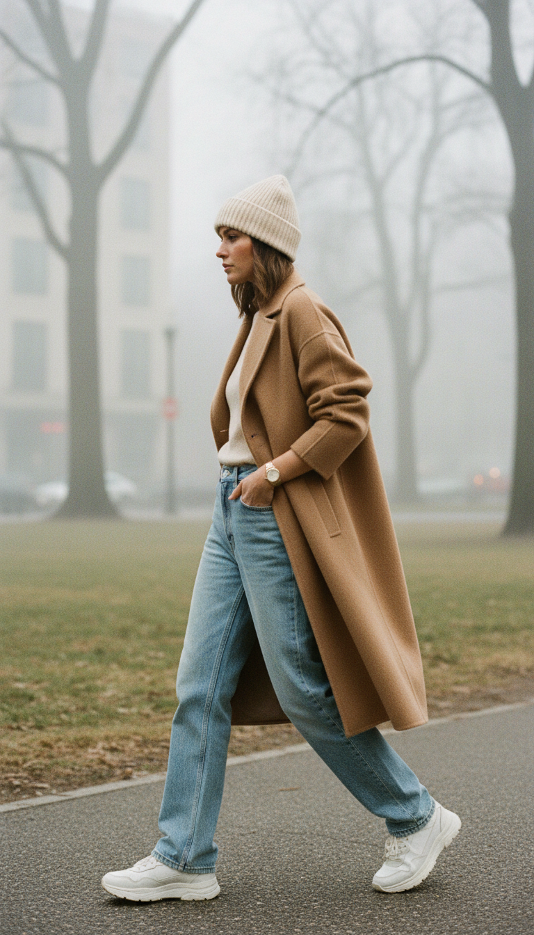 Woman wearing light blue relaxed-fit jeans with a luxurious oversized camel cashmere coat, white chunky sneakers and cream beanie hat walking through a foggy urban park