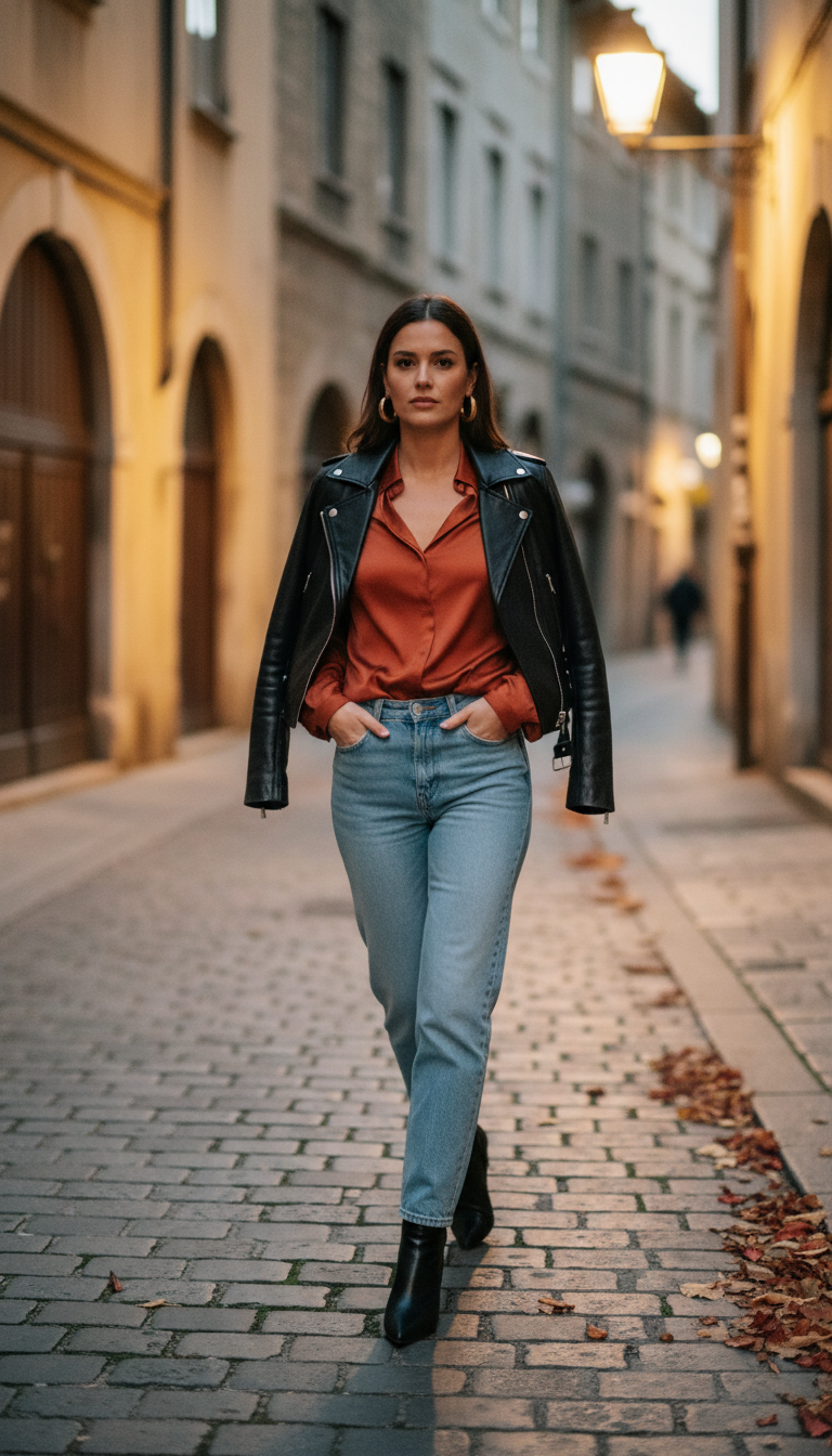 Woman wearing light blue straight-leg jeans with a rust-orange satin blouse tucked in, black leather moto jacket draped over shoulders, pointed-toe ankle boots walking through a European old town alley
