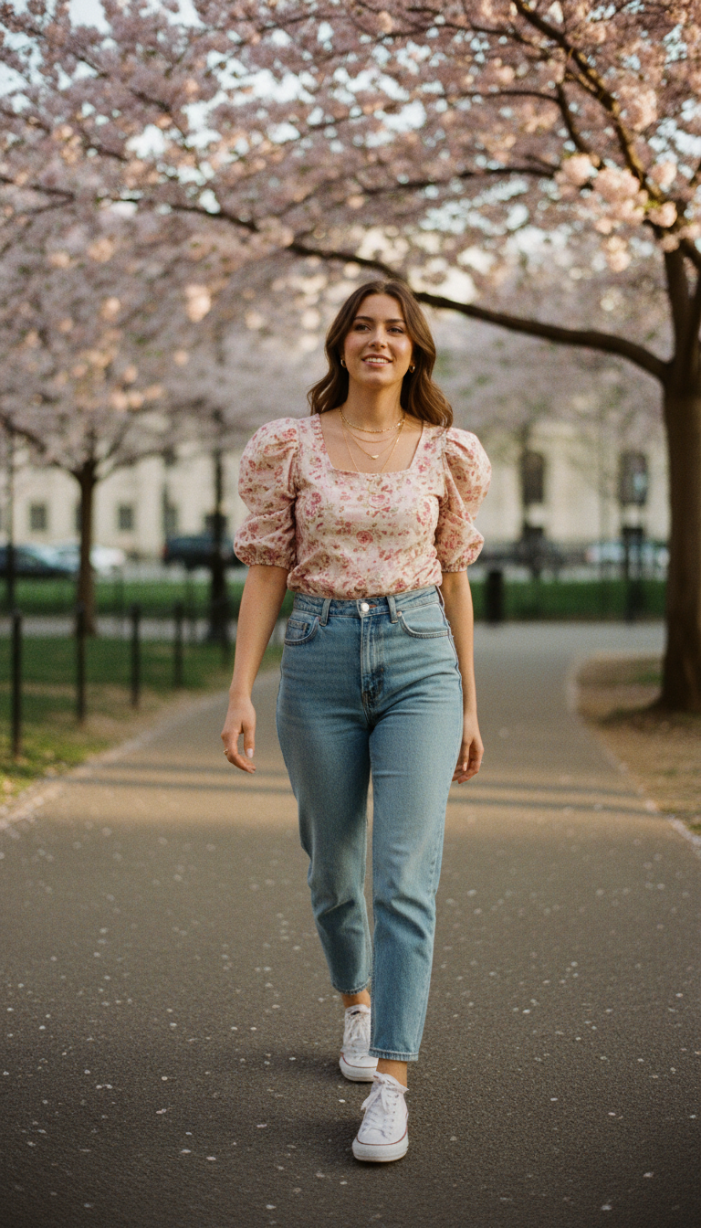 Woman wearing light blue mom jeans with a floral puff-sleeve blouse in soft pink and cream, white canvas sneakers and gold layered necklaces walking through a city park with cherry blossoms