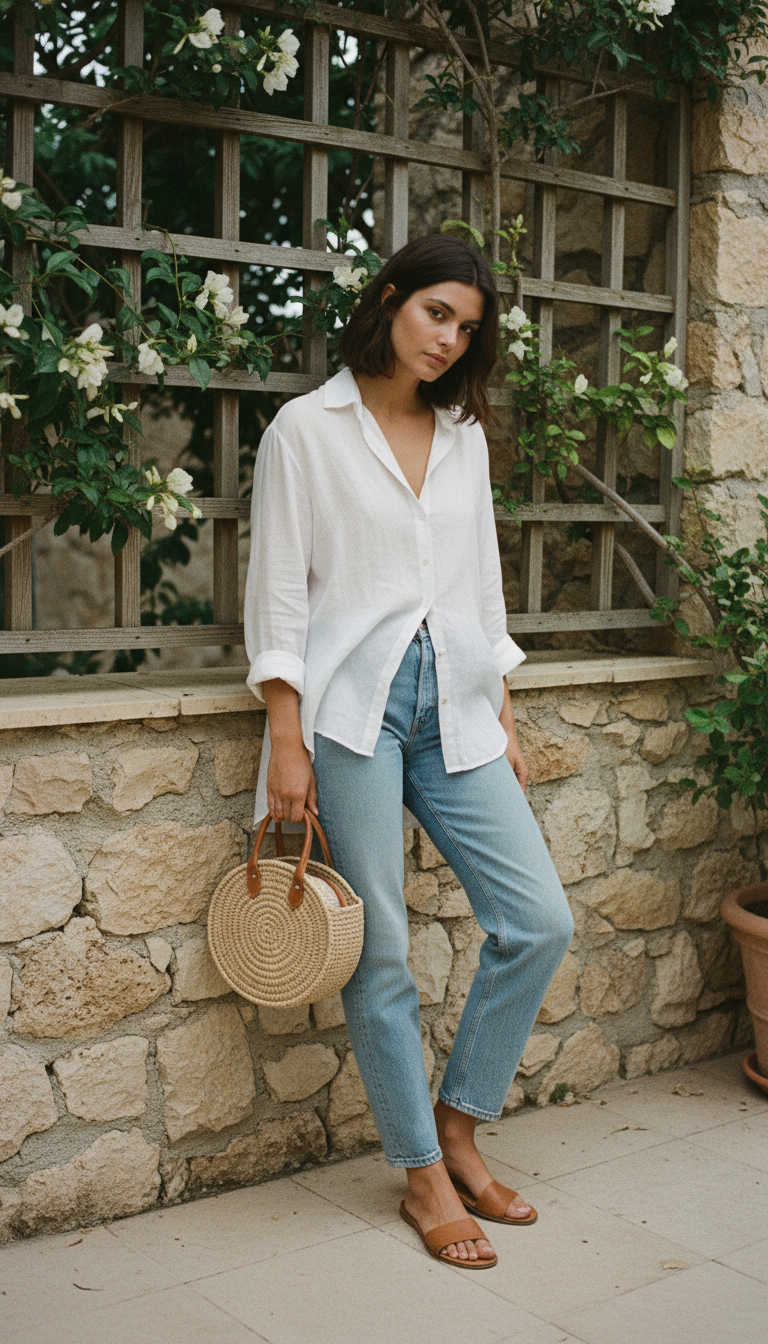 Woman wearing light blue straight-leg jeans with a white linen button-down shirt tucked in, woven straw basket bag and tan leather sandals near a Mediterranean terrace